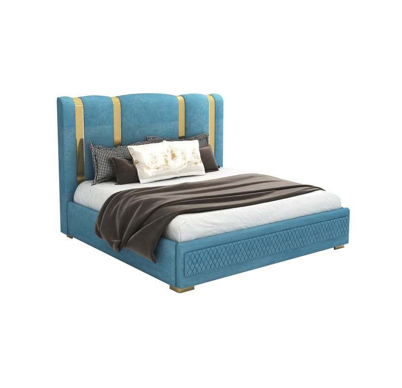 Image of STRATA FURNITURE Solid Wood King Size Bed with Box Storage and Upholstered Headboard | Modern Wooden Double Bed Cot Palang Furniture for Bedroom, Hotels, Living Room, and Home (Blue)