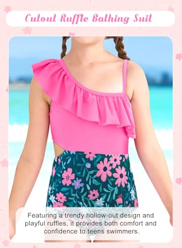 Image of Alakuoti Girls One Piece Swimsuits Cutout Ruffle Bathing Suit Quick Dry Beach Swimwear with Adjustable Strap 5-14 Years