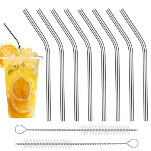 JJUNW 8 Stück Strohhalme Edelstahl, Wiederverwendbar Kurz Metall Strohhalm, Edelstahl Trinkhalme Set mit 2 Reinigungsbürsten Reinigungsbürsten Gebogene für Cocktails Säfte