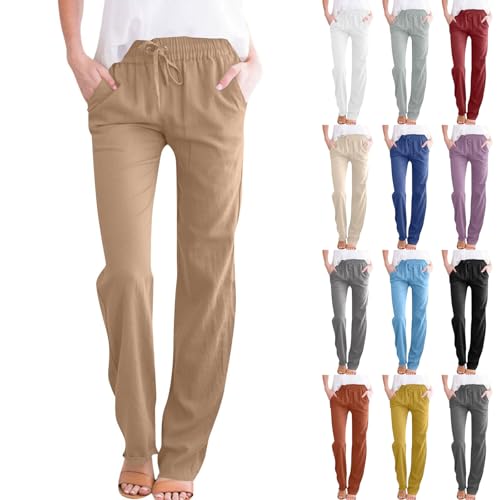 Gumipy Womens Casual Linen Pants Drawstring High Waisted Straight Leg Trousers Pants Trendy Loose Lounge Pants with Pockets