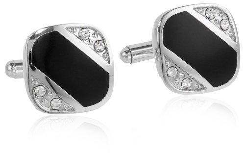 Stacy Adams Men's Cuff Link With Wide Black Diagonal Stripe, Silver, One Size