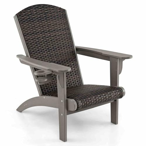 Costway Patio Adirondack Chair, HDPE Lounge Chair w/Rattan Padded Seat & Back, Wide Armrests & Hidden Cup Holder, Outdoor Adirondack Lounge Seat for Backyard, Lawn (Mix Brown + Gray)