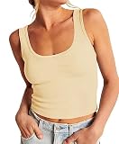Artfish Women's Sleeveless Shirt Ribbed Fitted Scoop Neck Basic Long Crop Tank Top Square Beige Tan, S