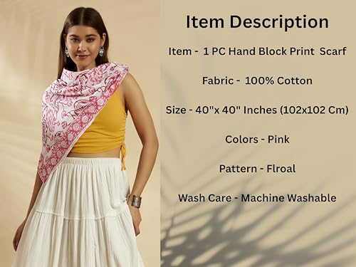 Image of Ravaiyaa - Attitude is everything Sanganer Hand Block Printed Scarves Pure Cotton Scarf Square Hijab Dupatta 40 inch X 40 inch Inch
