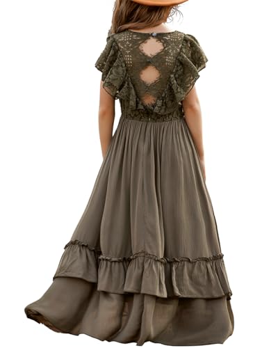 BIBIHOU Girl Boho Flowy High Low Long Dress Lace Embroidery