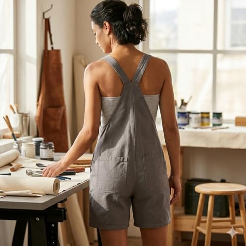 Image of BedazzleWomen's Cotton Short Dungaree Romper - Solid Grey Overalls for Casual Summer Outfits, Available in FreeSize