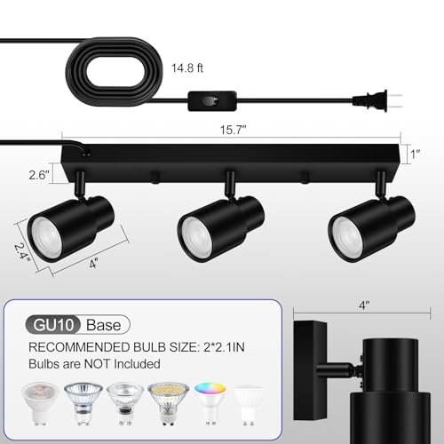 Plug-in Track Lighting LED, Track Light Fixtures Ceiling, Black Plug in Wall Lights with 14.8ft Cord, 3 Way Ceiling Spotlight for Kitchen, Rotatable Light Head for Bedroom Hallway(GU10 Socket,NO Bulb)