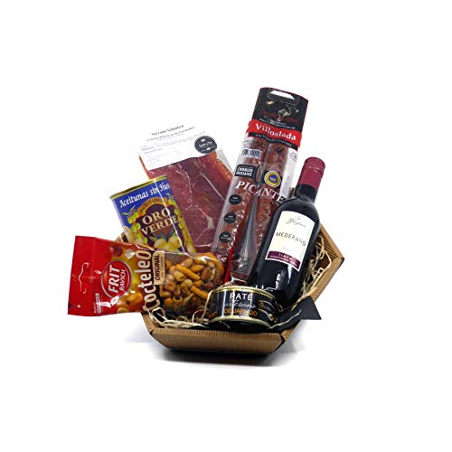 Präsentkorb Tinto – spanische Tapas Geschenkbox mit Rioja Rotwein 350ml, Serrano Schinken 50g, Chorizo Picante 150g, Oliven & Paté