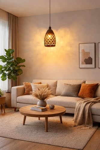 Image of Modern Black Cut Pattern Design Hanging Pendant Light with Height Adjustable Decorative Ceiling Lamp for Living Room, Bedroom, Dining Area, Cafe & Home Decor (Pack of 1)