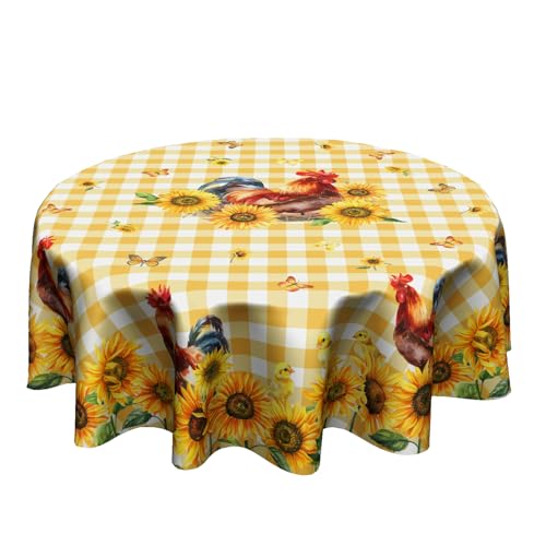 Granbey Rooster Round Tablecloth 60 Inch - Sunflower Chicken Table Cloth Farmhouse Animal Tablecloth Floral Butterfly Buffalo Plaid Table Cover for Kitchen Dining Indoor Outdoor