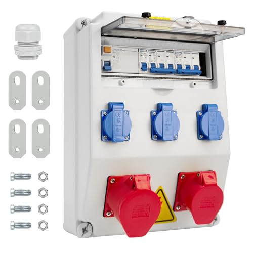 Wall Distributor with FI Circuit Breaker, Construction Current Distributor 32A with Fi Switch Type A, 40A 30mA RCBO Wall Distributor Waterproof for Distribution Box (16A 1P LS+16A 3P LS+32A 3P LS+30mA