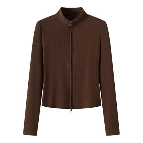 GRECERELLE Elegant Women's Solid Color Stand-Up Collar Zip-Up Jacket - Lightweight Ribbed Summer Running Jacket (Coffee, S)