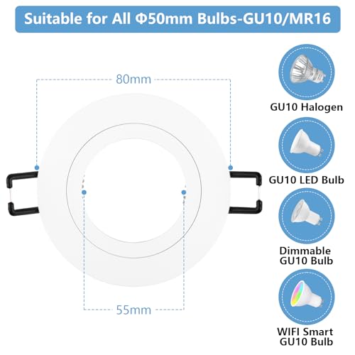 Doughelec 10x wpuszczany reflektor GU10 aluminium, biały uchwyt wpuszczany reflektor rama montażowa z gniazdem GU10, okrągły reflektor sufitowy 68 mm ekstra płaska do lamp LED, otwór montażowy