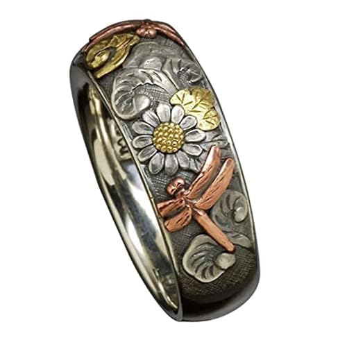 Vintage Silver and Rose Gold Color Carved Dragonfly Sunflower Ring, Unique Metal Hammered Lotu Leaf Flower Rings Women Engagement Party Ring Jewelry
