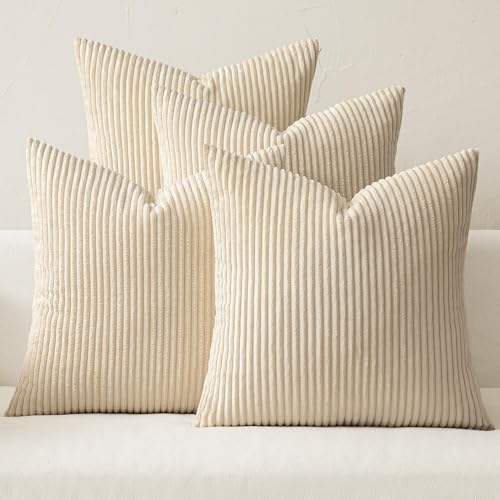 Image of MIULEE Boho Farmhouse Throw Pillow Covers 20x20 Inch Set of 4 Mordern Nordic Cushion Covers Soft Corduroy Spring Home Decor for Couch Bed Sofa Living Room Beige