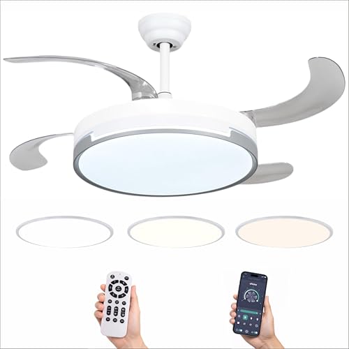 Ventilador de Techo Led 72W, Regulable en Intensidad y en Tono de Luz de Fria a Cálida, 4 Aspas Retráctiles, Mando a Distancia y APP para Móvil, Motor DC Ultra Silencioso, 6 Velocidades (blanco)