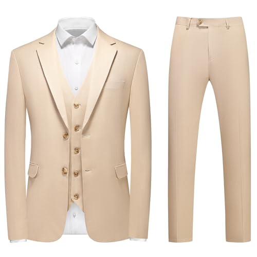KUDMOL Khaki Mens Suit 3 Piece Notch Lapel Double Vents Casual Blazer Lightweight 2 Button Business Wedding 3X-Large
