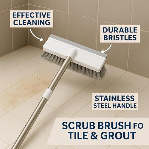 Image of Bathroom Cleaning Brush with Wiper, BUYERZONE Floor and Tiles Cleaner Brush, Bathroom Cleaning Accessories, Cleaning Brush with Long Handle, Versatile Washroom Brush Cleaner;,