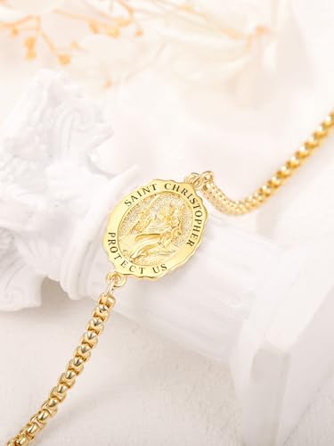 TANGPOET Saint Medal Bracelet For Women Men Gold Plated 925 Sterling Silver Religious Catholic Protection Amulet Jewelry Gifts with 7"+2" Adjustable Stainless Steel Box Chain2