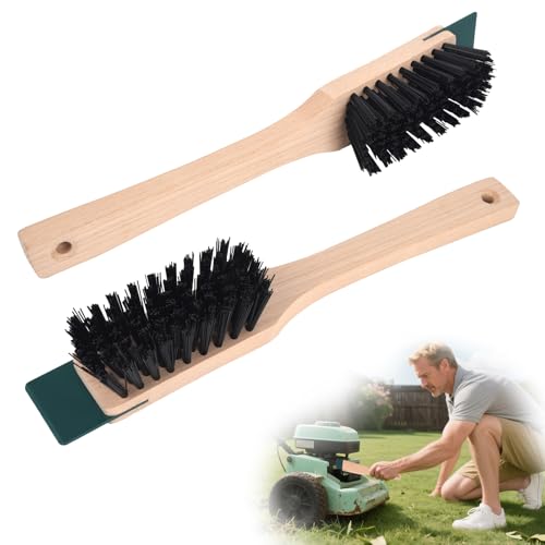 Anicuta 2 Pcs Lawn Mower Stiff Bristle Brush, Heavy Duty Hardstiff Bristle Brush with Scraper Wooden Handles Widely Used for Deck, Machine, Concrete Cleaning