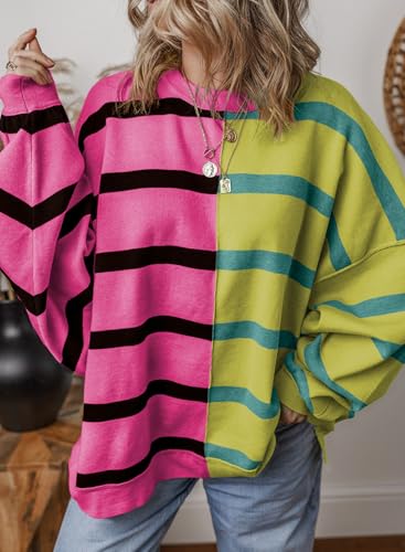 Image of EVALESS Womens Striped Sweaters Long Sleeve Cable Knitted Color Block Casual Loose Lightweight Oversized Sweaters Pullover
