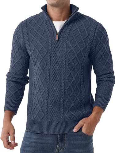 QIXING Jersey de punto trenzado con cremallera de 1/4 para hombre, cuello alto, casual, manga larga, suéter de punto suave con borde acanalado, H01 Denim Blue, S