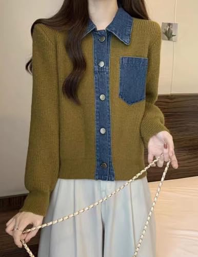 Image of Womens Sweaters Patchwork Denim Sweater Cardigan Long Sleeve Chunky Knit Cardigans Fall Cardigan