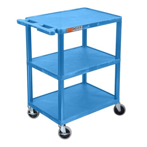 Image of Luxor HE34-BU Utility Cart - 3 Shelves Structural Foam Plastic, Four 4 inch Casters, Two with Locking Brake, Ergonomic Push Handle, 24 inchW x 18 inchD x 34 inchH, Offices, Classrooms