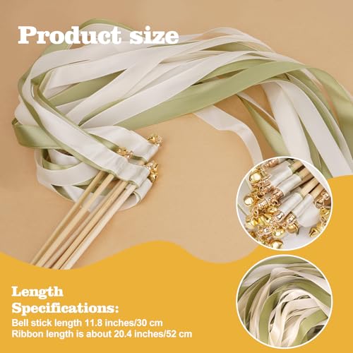 50PCS Ribbon Wedding Sparklers Wand, Wedding Send Off Silk Ribbon Fairy Wands with Gold Bells for Wedding Send Off, Party, Holiday, Activities Celebrate Ribbon Stick(Green)