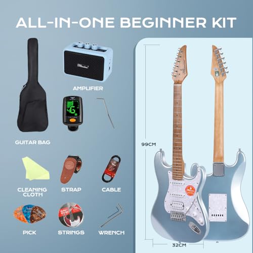 Image of Electric Guitar Beginner Kit -39in Solid Body Metal Electric Beginner Guitar Kits for Adults with Guitar Picks, Strap, Strings, Amp, Case, Metallic Finish, Guitarra Electrica M100S (Blue)