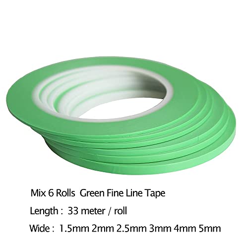 JINBING Grün Fineline Klebeband, Vinyl, für Kurven 6 Rollen 1.5mm 2mm 2.5mm 3mm 4mm 5mm