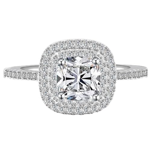 FLYYQMIAO Fashion Ring Cushion Cut 4A Zircon 925 Silver Engagement Wedding Ring Square Simulation Diamond Ring Double-Layer Zircon Ring for Women Size 6#-10# (8#)