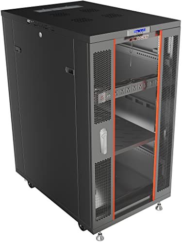 Image of 22U Home Server Rack Cabinet - 19 inch Floor Standing Network Rack, 39 inch Deep Homelab Rack with Locking Glass Door, Cooling Fans, PDU & Shelf for NAS, Router, Switch and AV Equipment
