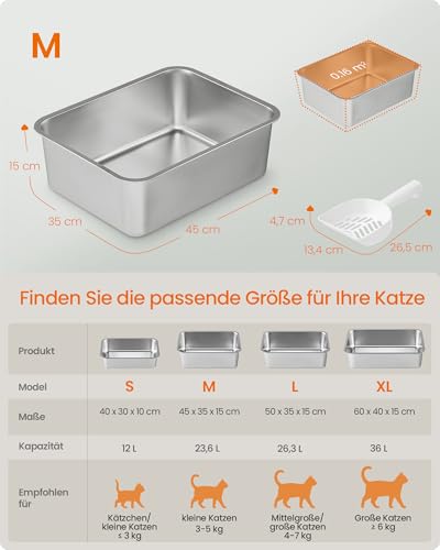 Feandrea Katzenklo Edelstahl, Katzentoilette offen, mit Schaufel, antihaftbeschichtet, geruchsfrei, leicht zu reinigen, M, 45 x 35 x 15 cm, für Kätzchen und kleine Katzen PPT014E101-5