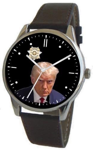Donald J. Trump Mugshot On The Dial of The Large Polished Chrome Watch with A Black Leather Strap