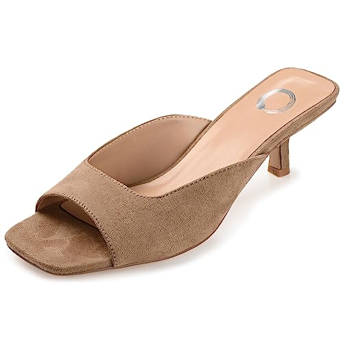 Journee Square Open Toe Kitten Heel Pump for Women - Larna Slip-On Heeled Fashion Sandal Taupe, 8.5 Wide