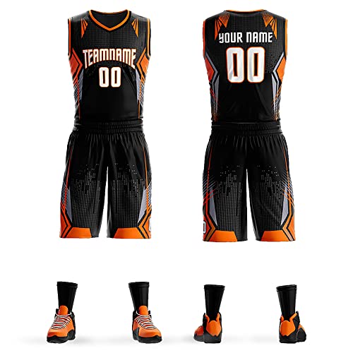 Custom Men Kid Basketball Jersey Uniform Printed Peronalized Team Name Number Logo, Black&orange-1, One Size