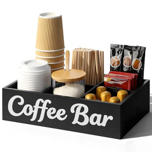 Samhe Coffee Station Organizer, 6 Compartment Wood Countertop Coffee Accessories Organizer with Removable Dividers for Condiment Cups Lids Pods Syrups, Farmhouse Bar Decor