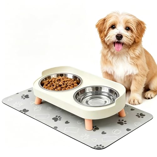 Elevated Dog Bowl, Raised Feeding Stand with Mat for Small Dogs Under 25 Lb
