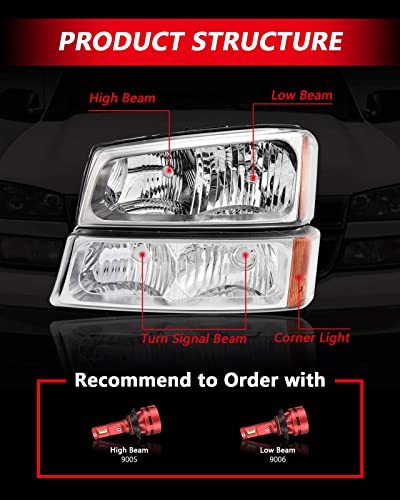 Torchbeam Silverado Headlight From, Replacement Headlight Assembly For 2003-2006 Silverado/Avalanche 1500/2500/3500 Chrome Housing Amber Reflector Clear Lens Driver And Passenger Side #TOP5