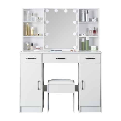 Koestem Dressing Table with Adjustable LED Mirror, 39.5" W Make up Vanity Desk with 3 Large Drawers, 2 Large Cabinets and 4 Open shelves, White 100cm Wide Vanity Desk, Stool Included