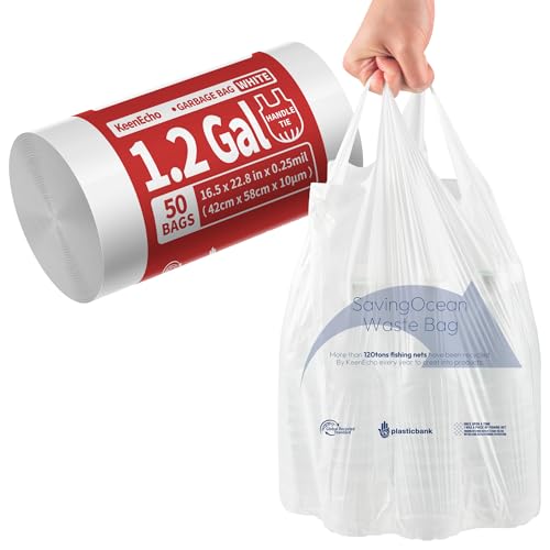 KeenEcho Small Trash Bags with Handles - Ocean Plastic Upcycling - Plastic Garbage Bags Can Bin & Waste Basket Liner for Kitchen Bathroom Office and Pets 1.2 Gallon 50 Count White