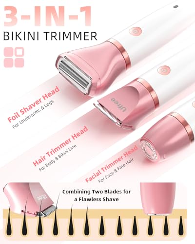 Ufree Lady Shavers for Women Pubic Hair, Bikini Trimmer Women Wet & Dry Use Groomer, Womens Electric Shavers Razors IPX7 Waterproof, Face Legs and Underarm Hair Shaver Cordless, Birthday Gifts, Gold