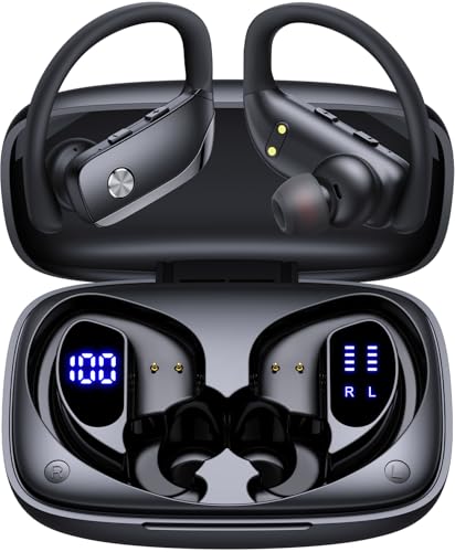Bluetooth Kopfhörer Sport, In Ear Kabellose Earbuds mit 80h Wiedergabe, Dual LED-Anzeige, Über Ohr-Haken mit Mic, Stereo Klang, Einfache Tastensteuerung, Sport Kopfhörer für joggen, Workout & Fitness