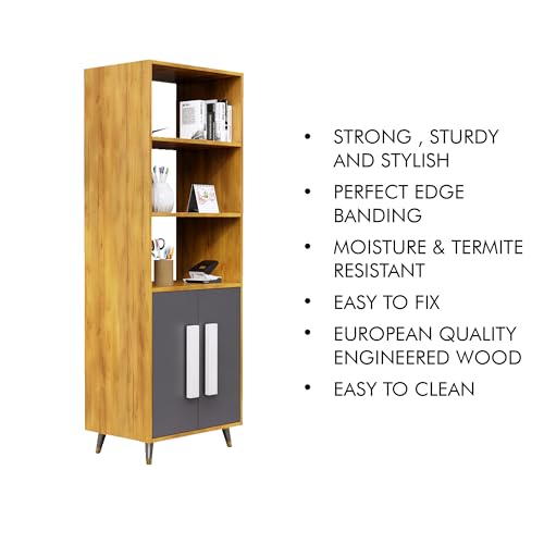 Image of Bniture Book Shelf Wooden | Engineered Wood Bookshelf for Home with 2 Door & 3 Shelf | Multipurpose Open Book Shelf Stand for Library, Study Room & Living Room | Giant Wood & Slate Grey