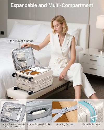 Image of Hanke 56cm Expandable Cabin Trolley Bag, 15.6 Inch Laptop Compartment, Top Opening Hard Shell Polycarbonate, 8 Durable Silent Spinner Wheels, Lightweight Carry On Suitcase for Women,Ivory White