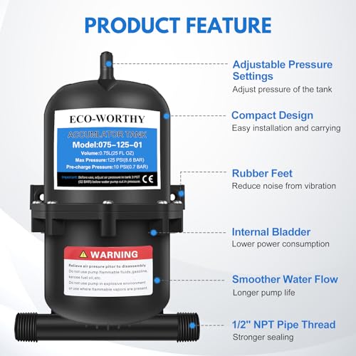 Image of ECO-WORTHY 0.75L 125PSI Pre-Pressurized Accumulator Tank Pressure Storage Vessel Hold Water Under Pressure Water Pump Flow Control Internal Bladder 25oz for RV Boat Marine Caravan