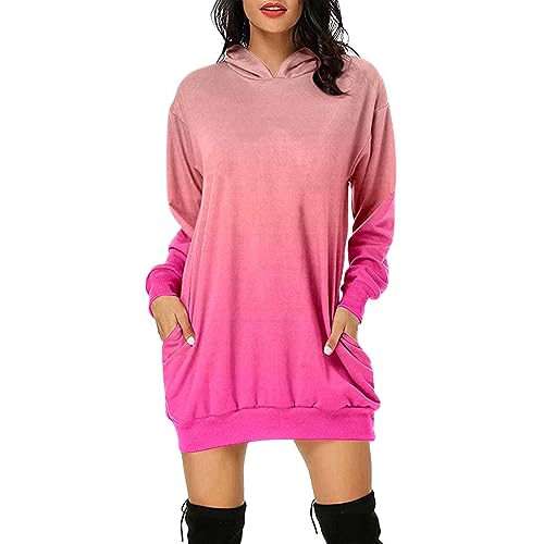 Image of Women's Casual Loose Hooded Sweatshirt Dress with Long Pockets, Printed Soft Fleece Pullover for Winter Layering, Size L to 3XL (XXL) Pink
