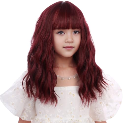 Image of Wine Red Wig Short Wine Red Wavy Curly Wig with Bangs Synthetic Cosplay Hair Wig