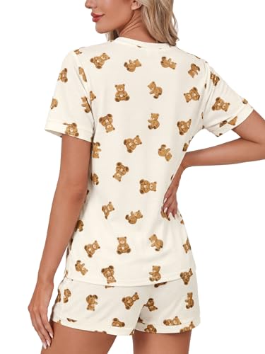 Image of LYANER Pajama Set for Women 2 Piece Lounge Set Striped Crew neck Short Sleeve Tops and Shorts Soft Sleepwear